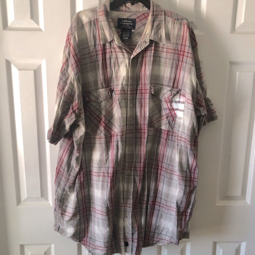 Address Unknown grey & maroon plaid snap collared shirt sleeve shirt 3XLT
